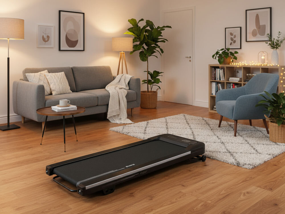 Bieżnia elektryczna S_LINE Paddy 920W 6 km/h Bieżnia S-Line Paddy umieszczona w stylowym salonie z jasną sofą, okrągłym stolikiem i dekoracjami w ciepłych barwach, zwracając uwagę na domowy charakter urządzenia.