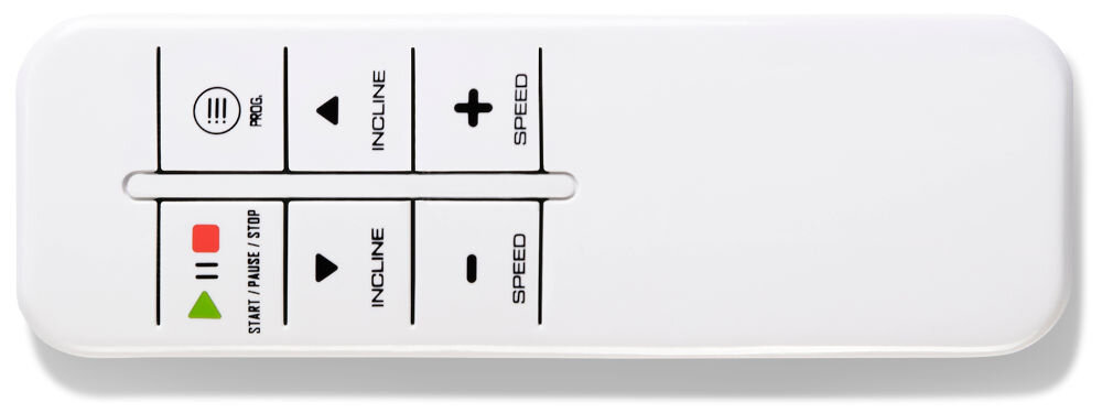 Bieżnia elektryczna S_LINE Paddy 920W 6 km/h Pilot do sterowania bieżnią S-Line Paddy w białej obudowie z czytelnymi przyciskami do zmiany prędkości, kąta nachylenia oraz funkcji start/stop.