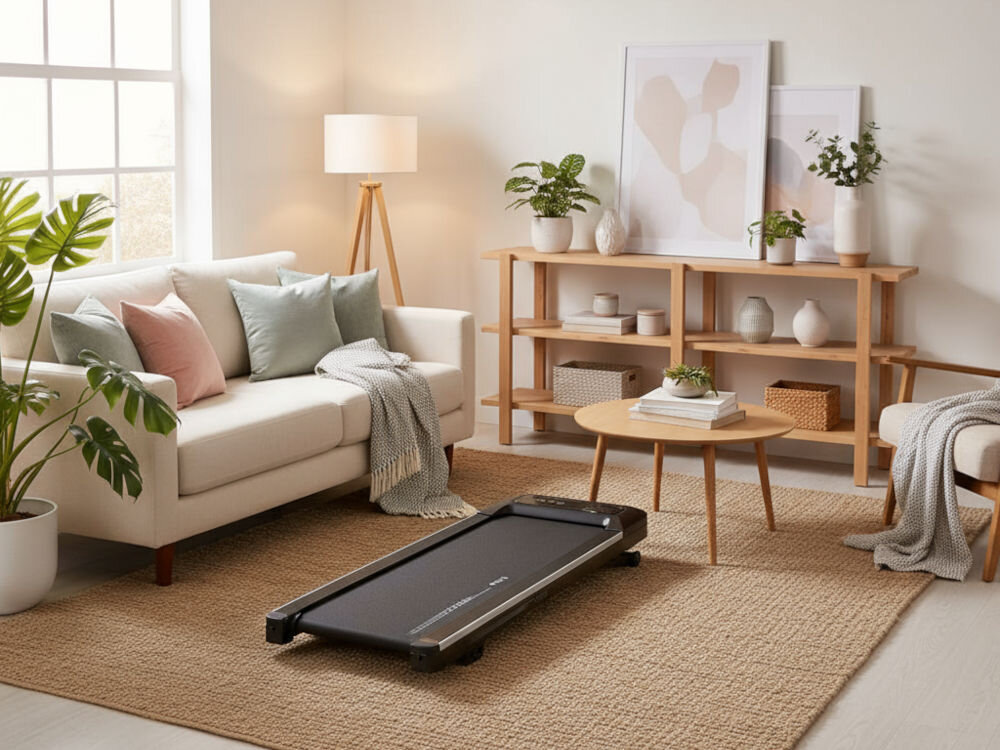 Bieżnia elektryczna S_LINE Paddy 920W 6 km/h Bieżnia S-Line Paddy prezentowana w jasnym, nowoczesnym salonie z jasną sofą, okrągłym stolikiem i drewnianym regałem, w otoczeniu roślin doniczkowych