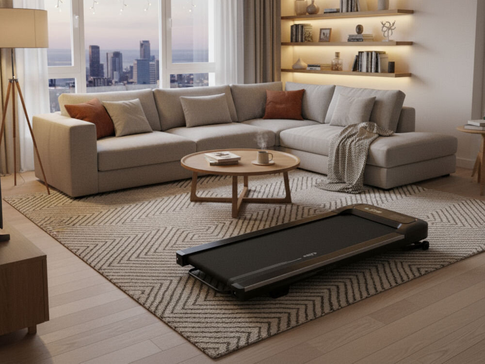 Bieżnia elektryczna S_LINE Paddy 920W 6 km/h Bieżnia S-Line Paddy w dużym, nowoczesnym salonie z narożną sofą, okrągłym drewnianym stolikiem i dekoracyjnymi półkami, z oknem prezentującym widok na miasto