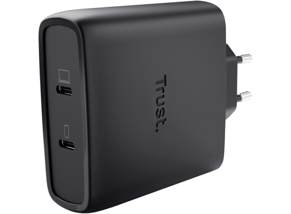 Zasilacz do laptopa TRUST Maxo 25527 100W Czarny ładowarka sieciowa z dwoma portami USB-C i wtykiem europejskim, z napisem 'Trust' na obudowie