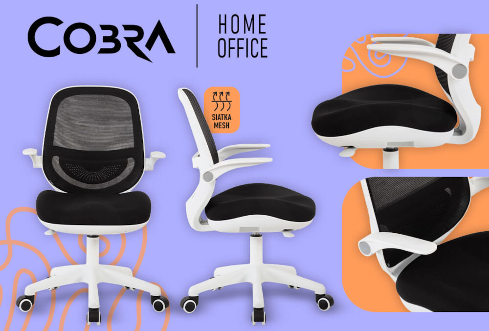 Fotel COBRA King Junior HF102GY Szary prezentacja fotela od przodu i od boku zbliżenie na regulowane miejsca napis marki fioletowo-pomarańczowe tło wzrost waga zakres odchylenia oparcia podnośnik gazowy regulacja wysokości oddychająca siatka Mesh wsparcie zdrowej postawy dzieci młodzież