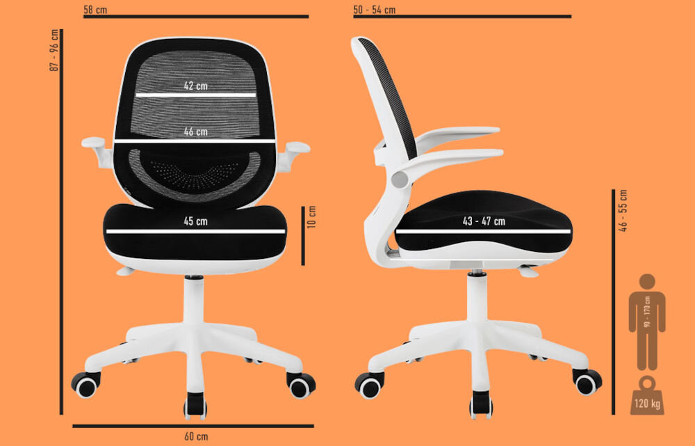 Fotel COBRA King Junior HF101WH Biały prezentacja fotela od przodu i od boku z wymiarami oraz dopuszczalną wagą na pomarańczowym tle regulacja oparcia zakres indywidualne podparcie pleców nauka zabawa dziecko