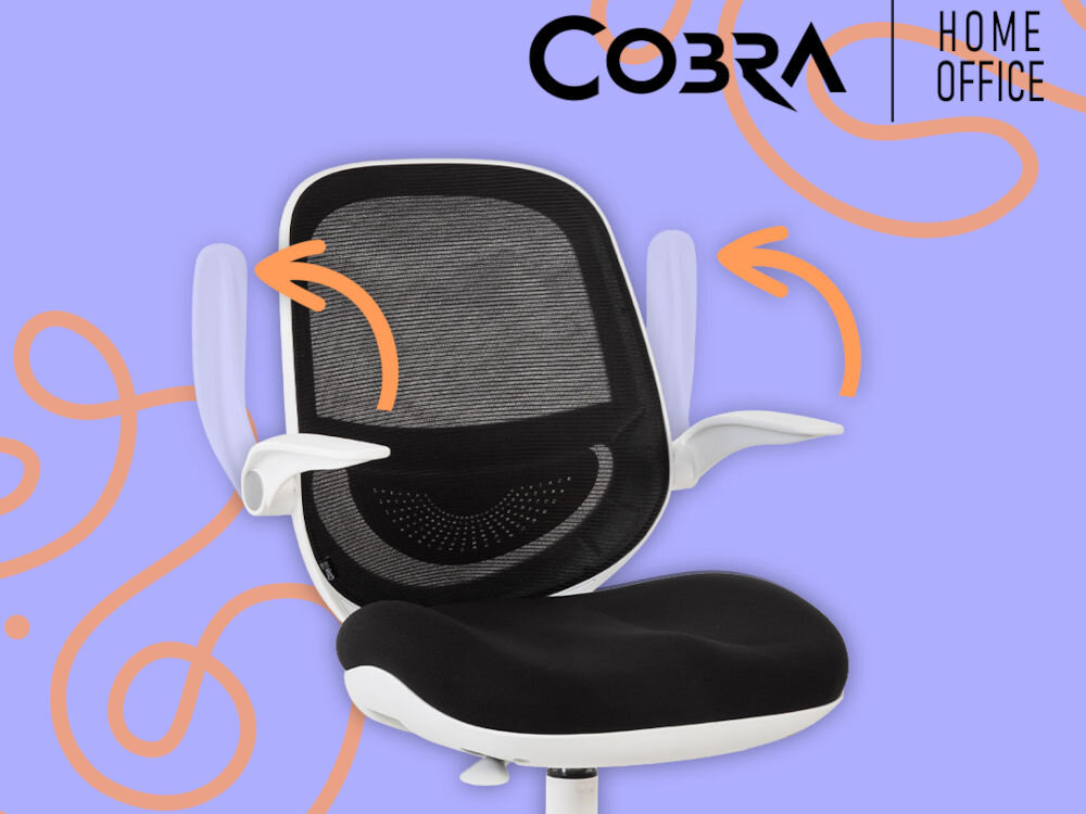 Fotel COBRA King Junior HF103OR Pomarańczowy pokazanie możliwości odchylenia podłokietników napis z marką fioletowo-pomarańczowe tło funkcja odchylania podłokietników swoboda oszczędność miejsca