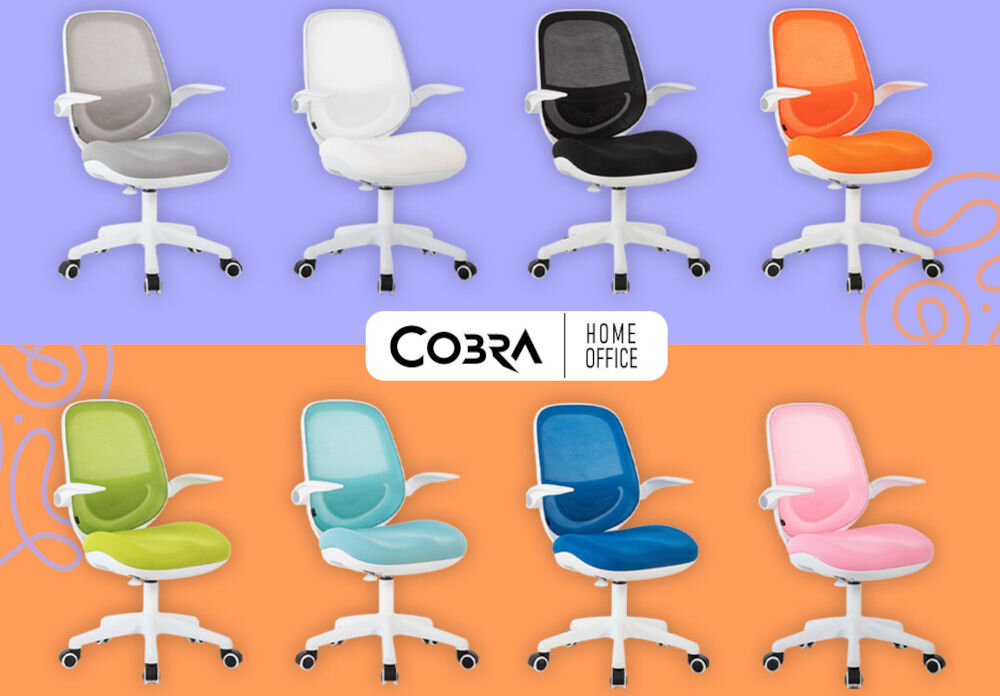 Fotel COBRA King Junior HF107PK Różowy prezentacja możliwych kolorów modelu na fioletowo-pomarańczowym tle napis z marką szeroka gama kolorystyczna charakter