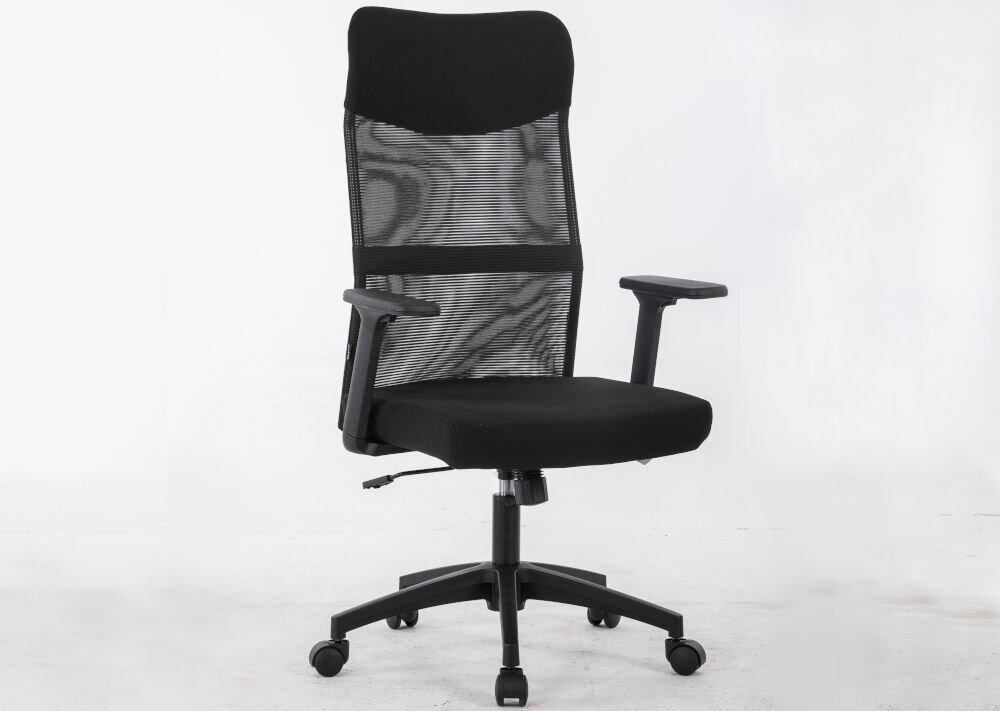 Fotel COBRA Office One HF302BK Czarny prezentacja fotela na jasnym tle od przodu pod kątem wymiary regulowana wysokość wygoda codziennego użytkowania wsparcie pleców