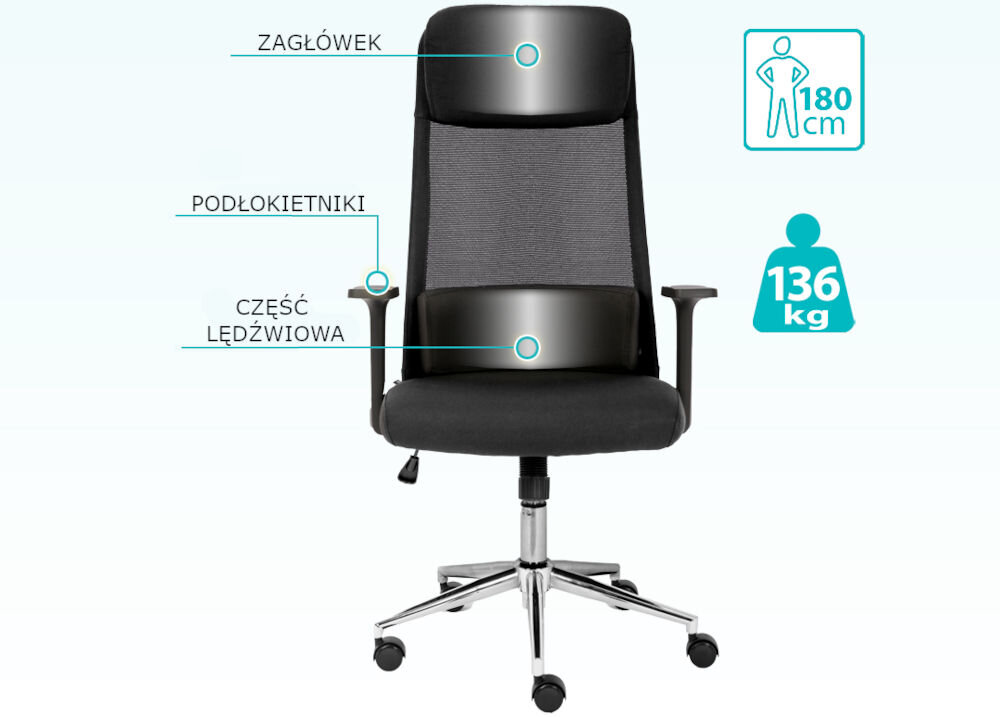 Fotel COBRA Office Plus HF500BK Czarny prezentacja fotela od przodu na jasnym tle ikona wagi i wzrostu elementy fotela zaznaczone i podpisane wzrost waga regulacja wysokości estetyka wykonania