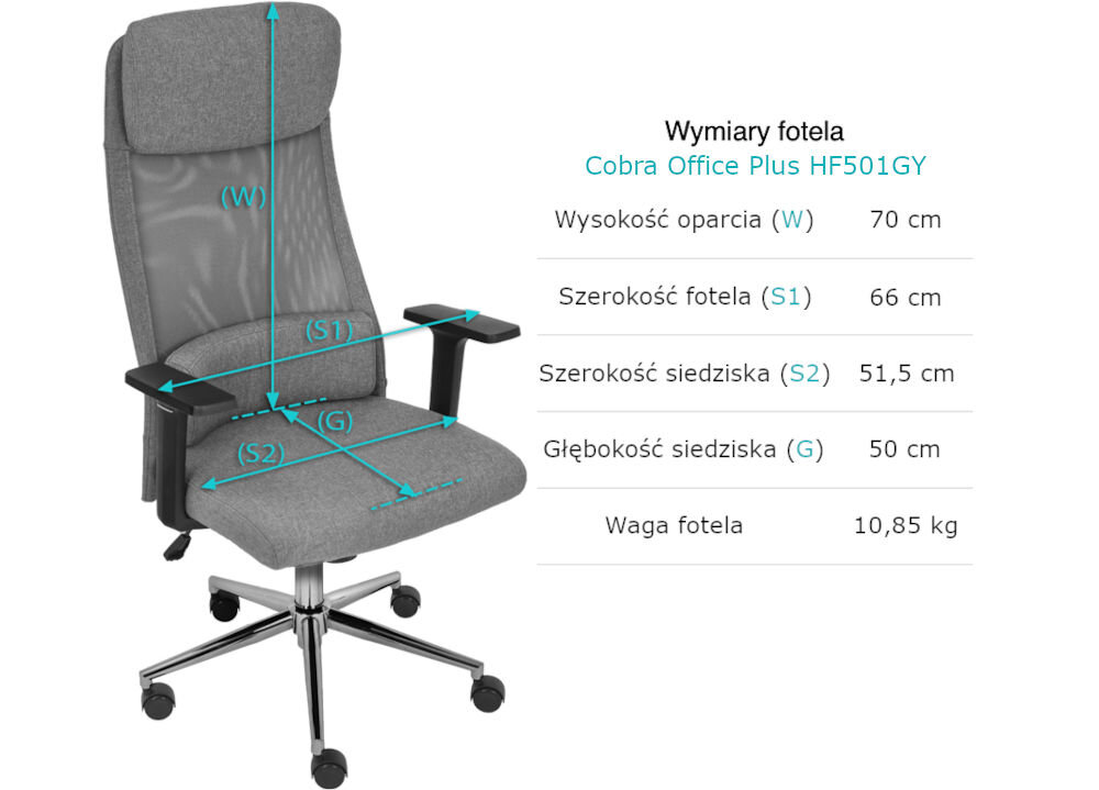 Fotel COBRA Office Plus HF501GY Szary prezentacja fotela od przodu pod kątem z wymiarami na białym tle regulowana wysokość wygoda codziennego użytkowania wsparcie pleców