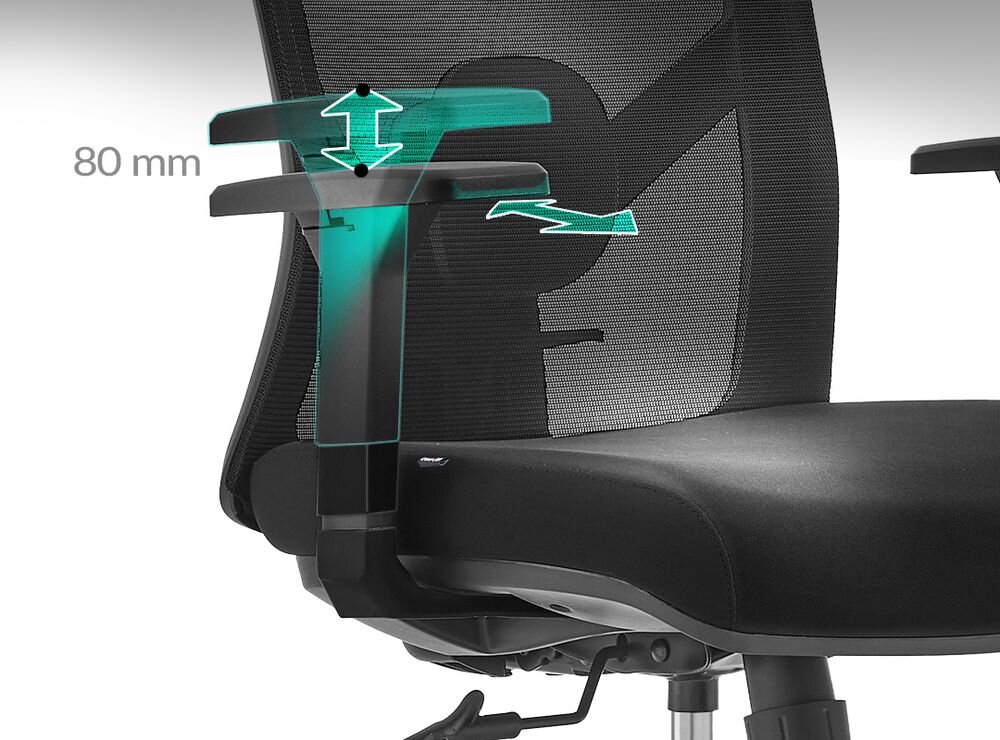 Fotel COBRA Office Plus HF502BK Czarny pokazanie regulacji podłokietników na białym tle regulowane podłokietniki 2D stabilne podparcie