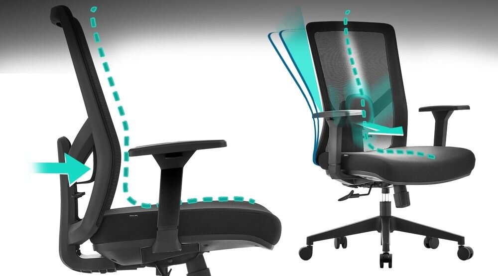 Fotel COBRA Office Plus HF502BK Czarny pokazanie możliwej regulacji i wsparcia dla kręgosłupa na białym tle wsparcie naturalnej krzywizny regulowane oparcie