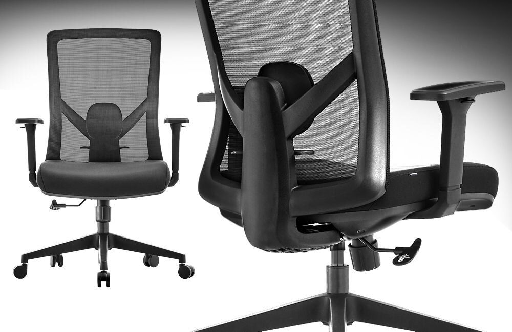 Fotel COBRA Office Plus HF502BK Czarny prezentacja fotela pod kątem i od przodu na białym tle nylonowa podstawa stelaż wzmocniony włóknem obrotowe kółka 360 stopni wzrost użytkowników waga