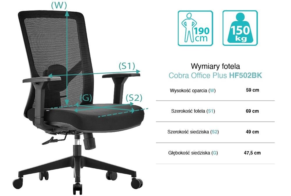 Fotel COBRA Office Plus HF502BK Czarny prezentacja fotela od przodu pod kątem z wymiarami na białym tle regulowana wysokość wygoda codziennego użytkowania wsparcie pleców