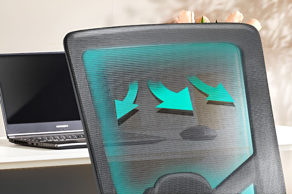 Fotel COBRA Office Plus HF503GY Szary zbliżenie na oparcie fotela strzałkami pokazana cyrkulacja przewiewna siateczka nylon-mesh wypełnienie siedziska pianką formowaną