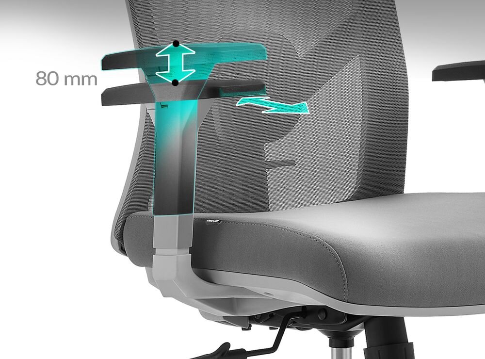 Fotel COBRA Office Plus HF503GY Szary pokazanie regulacji podłokietników na białym tle regulowane podłokietniki 2D stabilne podparcie