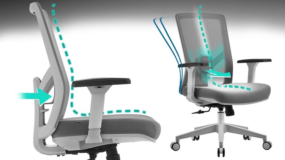 Fotel COBRA Office Plus HF503GY Szary pokazanie możliwej regulacji i wsparcia dla kręgosłupa na białym tle wsparcie naturalnej krzywizny regulowane oparcie