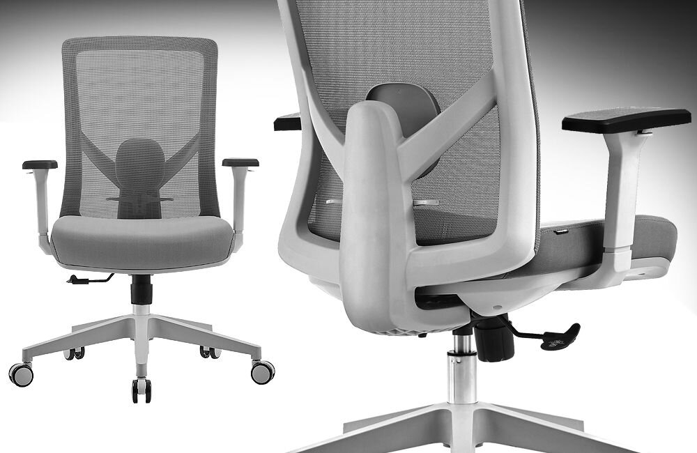 Fotel COBRA Office Plus HF503GY Szary prezentacja fotela pod kątem i od przodu na białym tle nylonowa podstawa stelaż wzmocniony włóknem obrotowe kółka 360 stopni wzrost użytkowników waga