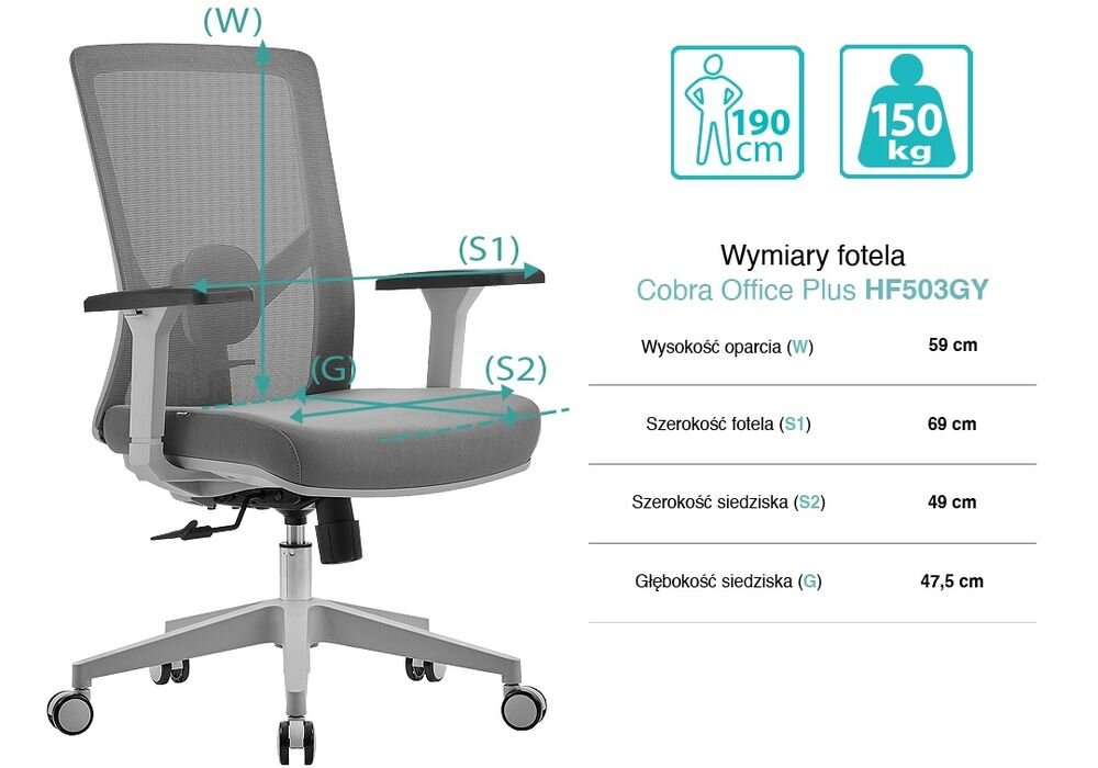 Fotel COBRA Office Plus HF503GY Szary prezentacja fotela od przodu pod kątem z wymiarami na białym tle regulowana wysokość wygoda codziennego użytkowania wsparcie pleców