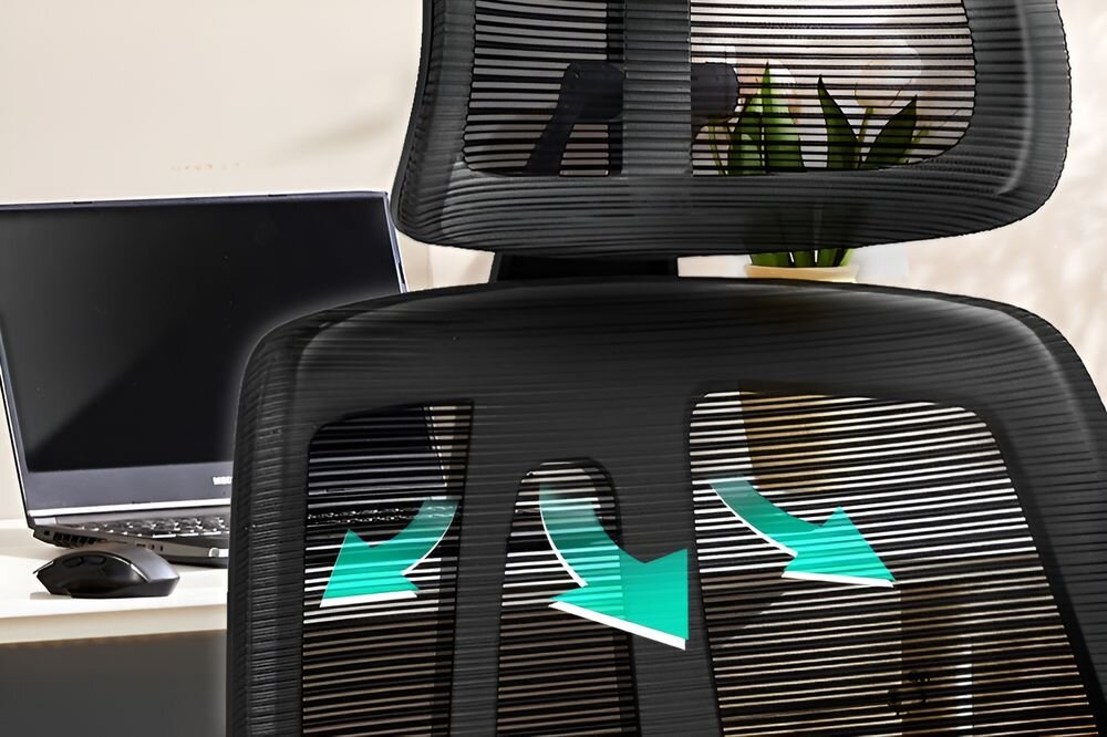 Fotel COBRA Office Plus HF504BK Czarny zbliżenie na oparcie fotela strzałkami pokazana cyrkulacja przewiewna siateczka nylon-mesh wypełnienie siedziska pianką ekologiczną