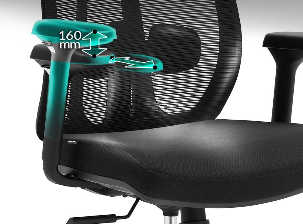 Fotel COBRA Office Plus HF504BK Czarny pokazanie regulacji podłokietników na białym tle regulowane podłokietniki 2D stabilne podparcie