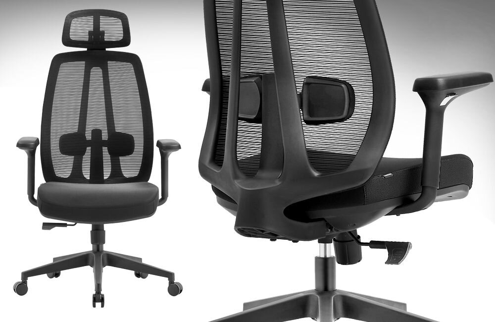 Fotel COBRA Office Plus HF504BK Czarny prezentacja fotela pod kątem i od przodu na białym tle podnośnik gazowy klasy 3 ciche obrotowe kółka PU wzrost użytkowników waga