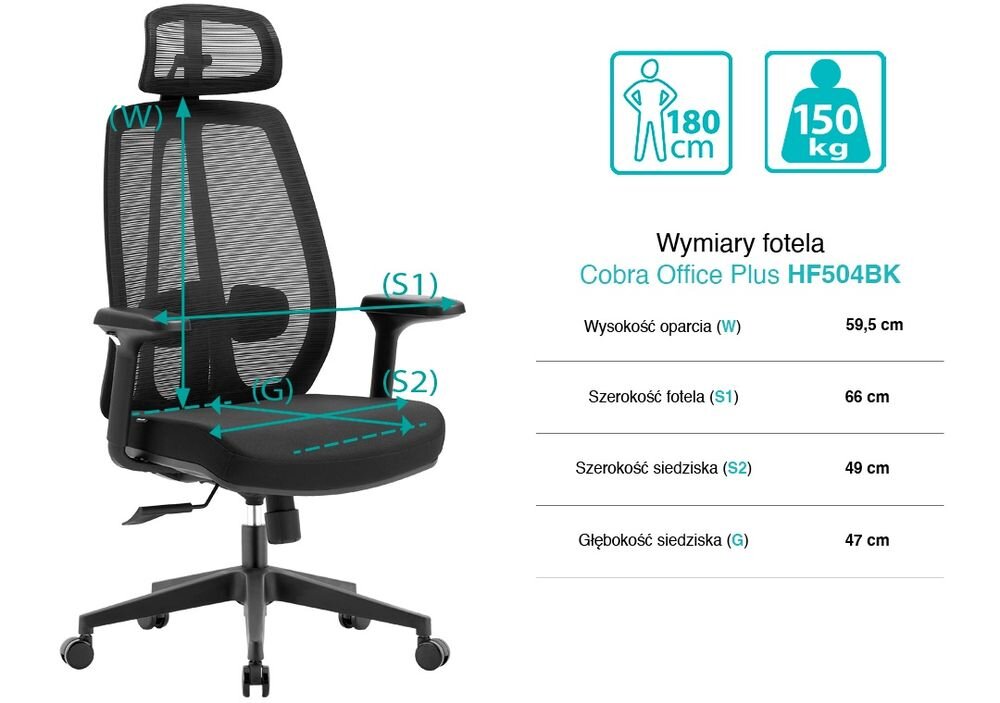 Fotel COBRA Office Plus HF504BK Czarny prezentacja fotela od przodu pod kątem z wymiarami na białym tle regulowana wysokość wygoda codziennego użytkowania wsparcie pleców
