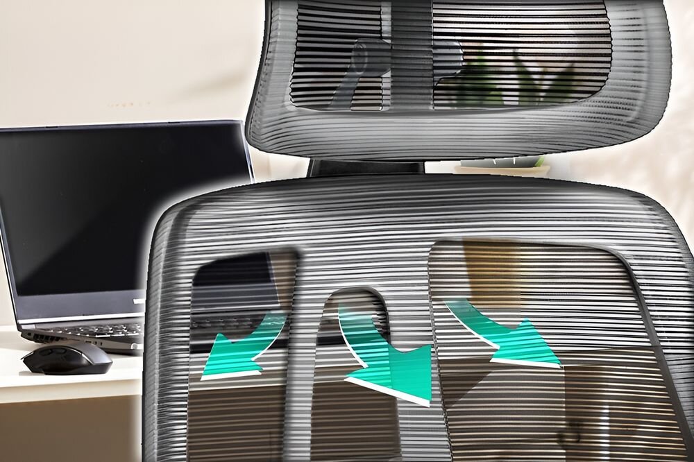 Fotel COBRA Office Plus HF505GY Szary
 zbliżenie na oparcie fotela strzałkami pokazana cyrkulacja przewiewna siateczka nylon-mesh wypełnienie siedziska pianką ekologiczną