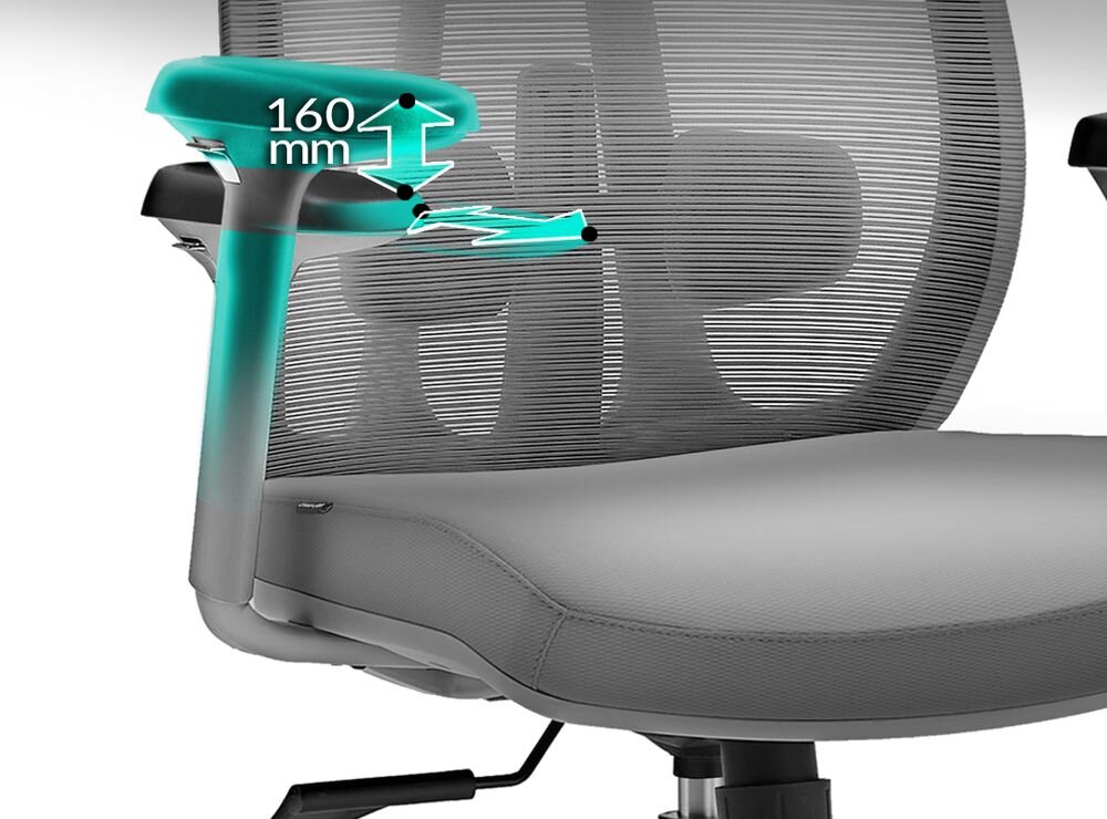 Fotel COBRA Office Plus HF505GY Szary
 pokazanie regulacji podłokietników na białym tle regulowane podłokietniki 2D stabilne podparcie