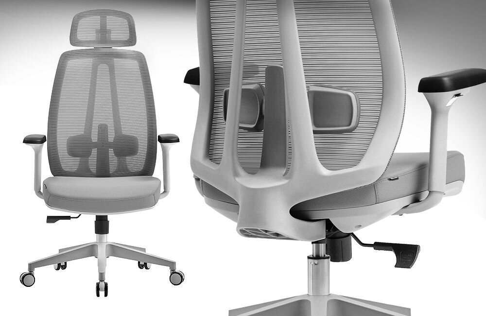 Fotel COBRA Office Plus HF505GY Szary
 prezentacja fotela pod kątem i od przodu na białym tle podnośnik gazowy klasy 3 ciche obrotowe kółka PU wzrost użytkowników waga