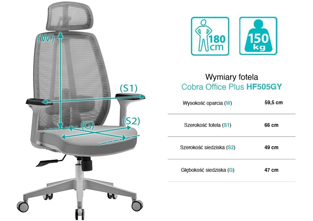 Fotel COBRA Office Plus HF505GY Szary
 prezentacja fotela od przodu pod kątem z wymiarami na białym tle regulowana wysokość wygoda codziennego użytkowania wsparcie pleców