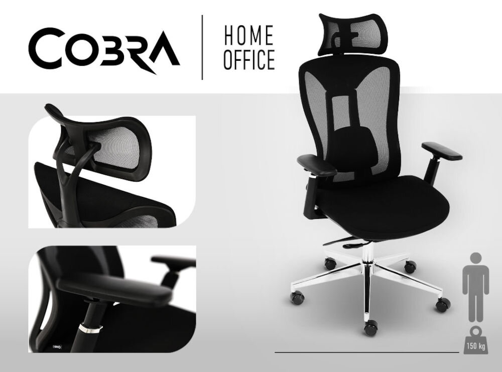 Fotel COBRA Office Expert HF702BK Czarny prezentacja fotela od przodu pod kątem zbliżenia na regulowane miejsca napis marki szaro-białe tło wzrost waga regulacja wysokości ergonomiczna pozycja neutralna kolorystyka