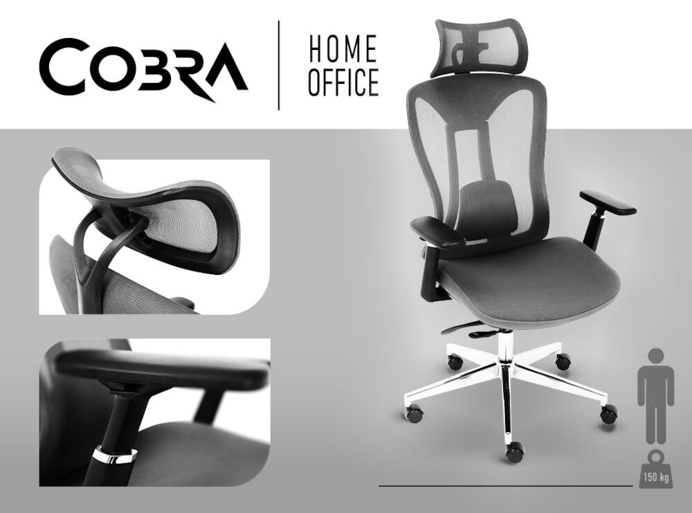 Fotel COBRA Office Expert HF703GY Szary prezentacja fotela od przodu pod kątem zbliżenia na regulowane miejsca napis marki szaro-białe tło wzrost waga regulacja wysokości ergonomiczna pozycja neutralna kolorystyka