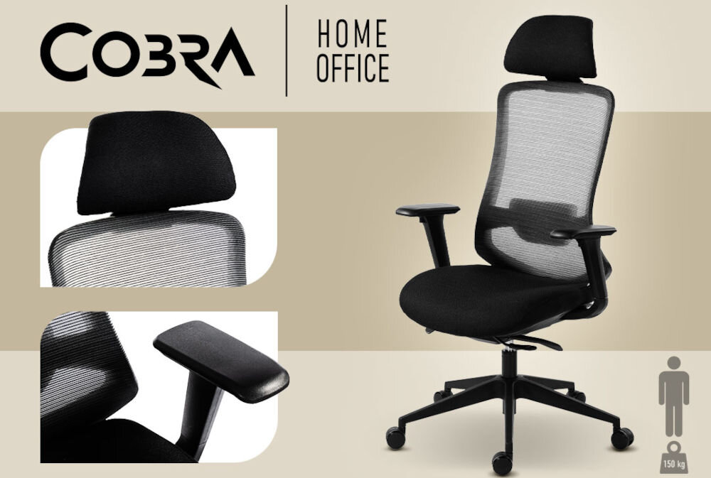 Fotel COBRA Office Expert HF704BK Czarny prezentacja fotela od przodu pod kątem zbliżenia na regulowane miejsca napis marki beżowo-brązowe tło wzrost waga regulacja wysokości ergonomiczna pozycja neutralna kolorystyka