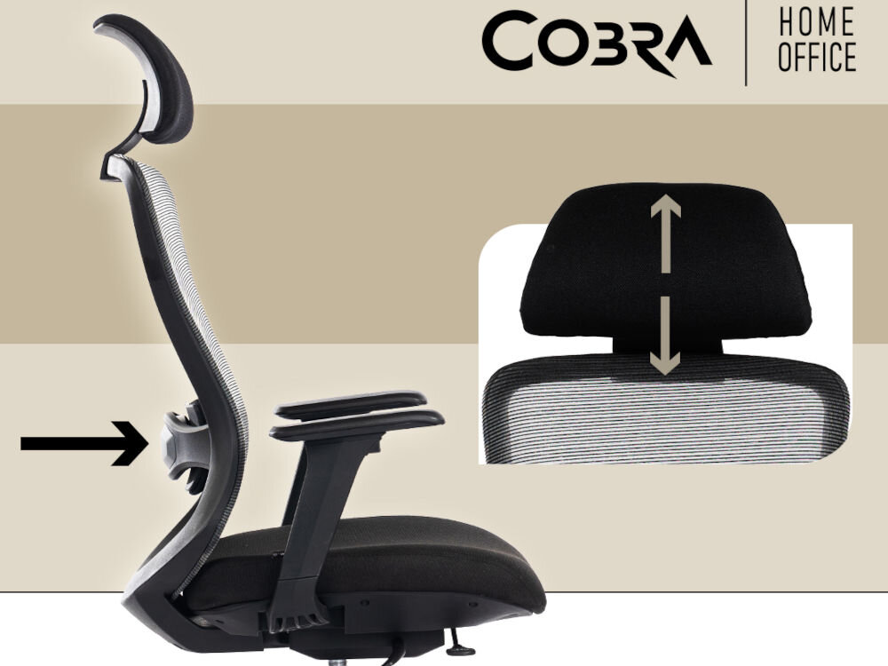 Fotel COBRA Office Expert HF704BK Czarny pokazanie możliwości regulacji fotela na beżowo-brązowym tle napis z marką zagłówek regulowany komfort szyi i głowy podparcie lędźwiowe odchylenie oparcia elastyczność komfort