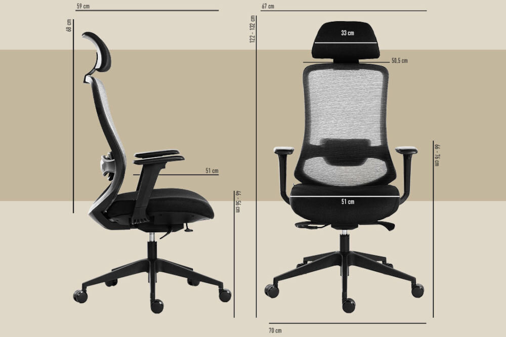 Fotel COBRA Office Expert HF704BK Czarny prezentacja fotela od przodu i od boku na beżowo-brązowym tle z wymiarami siateczka mesh cyrkulacja powietrza komfort