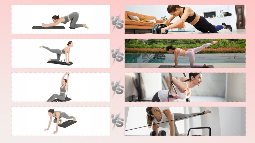 Deska do pilatesu EXTRALINK DNXGHJNKERMLPM kolaż zdjęć po jednej stronie 4 zdjęcia pokazujące różne pozycje podczas ćwiczeń pilates bez deski po drugiej stronie 4 zdjęcia pokazujące ich odpowiednik z ćwiczeniami z deską mechanizm auto-rebound wspiera ruch ułatwia powrót do pozycji wyjściowej zmniejsza się zmęczenie stabilność poprawia komfort użytkowania wbudowane pady antypoślizgowe