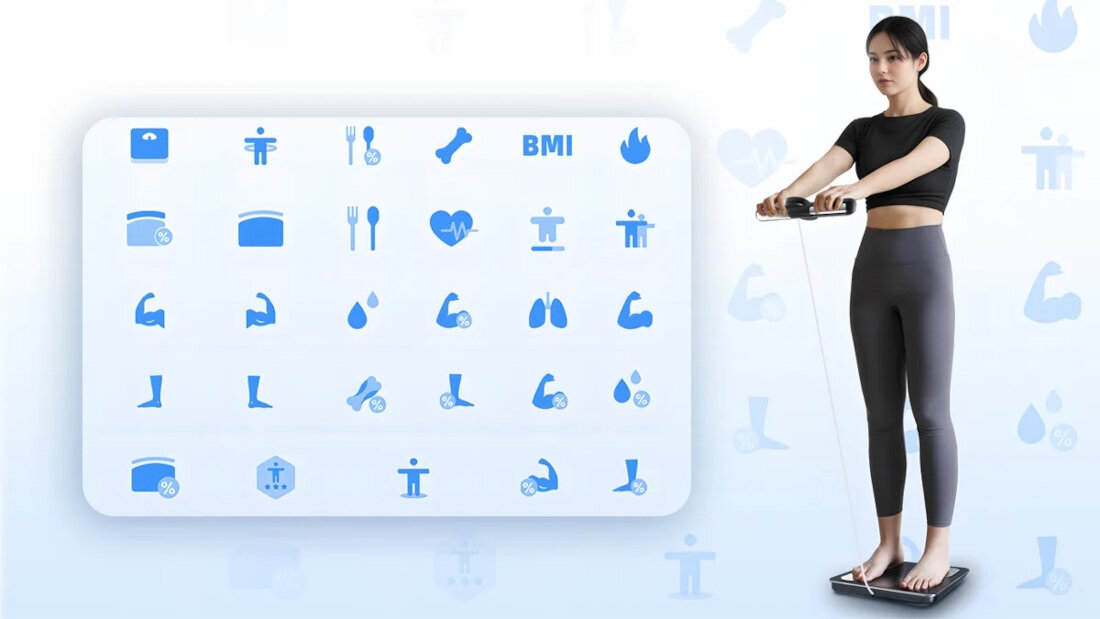 Waga łazienkowa EXTRALINK K-201 Biały analizuje BMI, tłuszcz trzewny, masę i poziom białka, wiek metaboliczny oraz BMR dopasowanie posiłki kaloryczność aktywność fizyczna pomiary decyzje