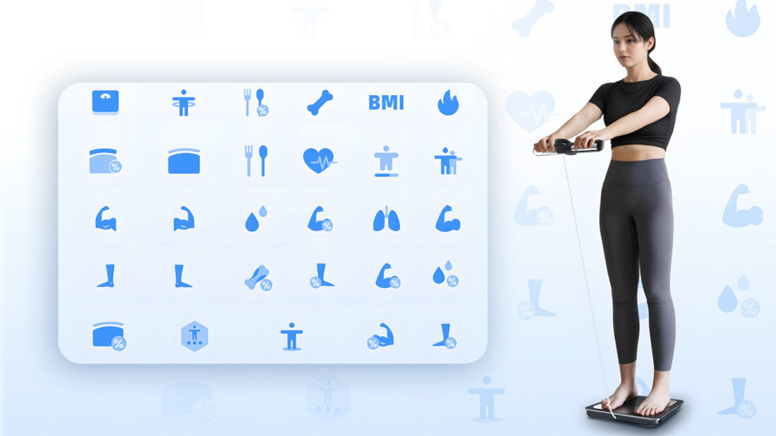 Waga łazienkowa EXTRALINK Smart Life K-205 parametry zdrowotne  BMI, poziom tłuszczu trzewnego, BMR, masę białkową, wiek metaboliczny stopień otyłości dostęp informacje