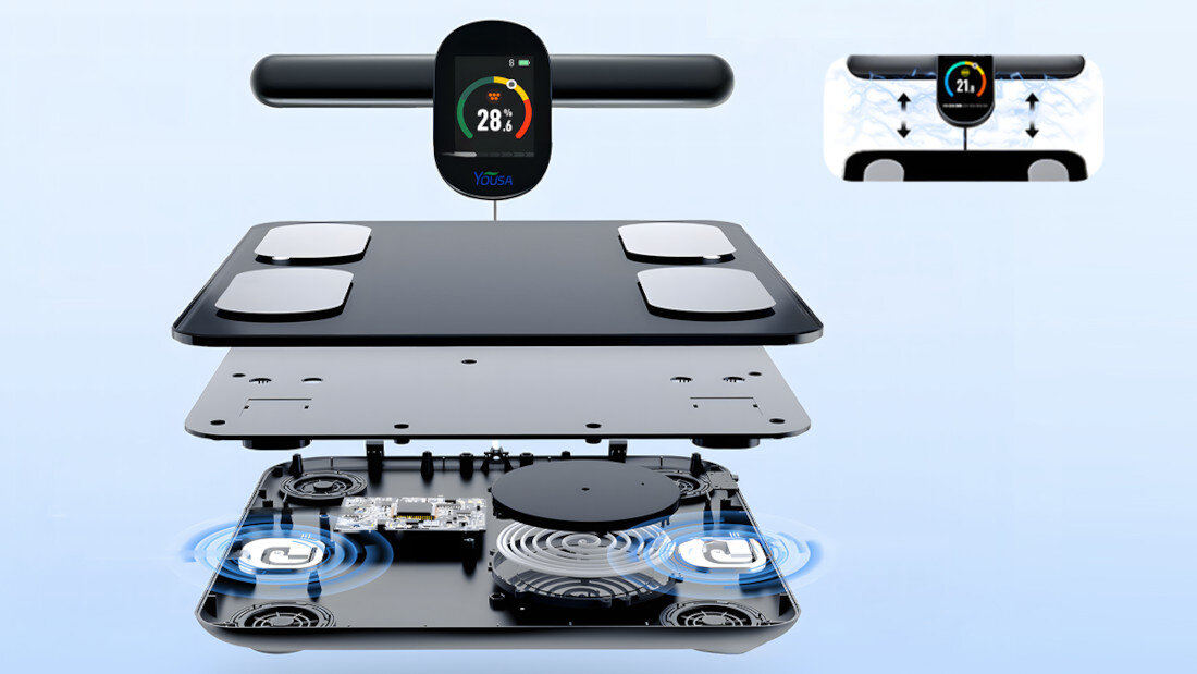 Waga łazienkowa EXTRALINK Smart Life K-205 Wygodne ładowanied Solidne szkło hartowane wysokiej jakości elektrody  kabel USB-A/USB-C zasilanie Lekka konstrukcja i magnetyczny uchwyt przechowywanie wymiary