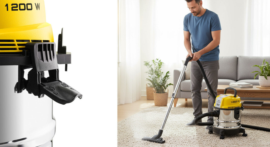 Odkurzacz ETA Fachmann 421190000 solidnym silnikiem typu by-pass Zabezpieczenie w postaci pływaka ochrona  prosty montaż Praktyczne uchwyty na przewód i akcesoria składany uchwyt do przenoszenia łatwe w przechowywaniu