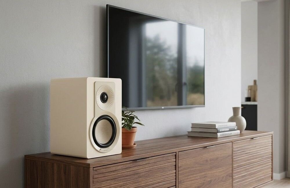 Kolumny głośnikowe DALI KUPID skuteczność 103 dB wydajność wzmacniacz głośny dźwięk, kolumna stojąca na komodzie w pomieszczeniu