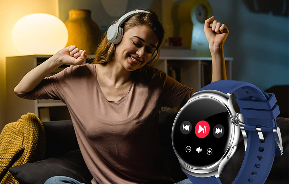 Smartwatch BLITZWOLF BW-AT4 kobieta słucha muzyki z zegarka