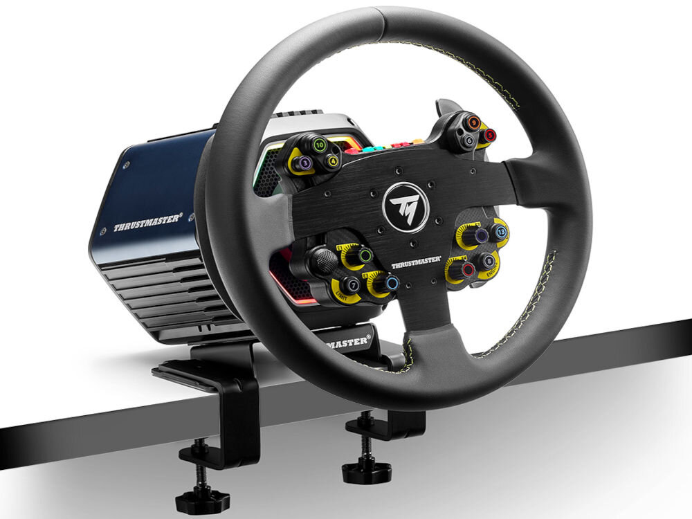 Kierownica THRUSTMASTER Evo Racing 32R 4060318 prezentacja urządzenia od boku na białym tle kierownica przyłączona do bazy przyczepionej do biurka średnica 32 cm okrągły kształt zakręty precyzyjne manewry wygięte łopatki zmiany biegów z czujnikami magnetycznymi reakcja bez opóźnień