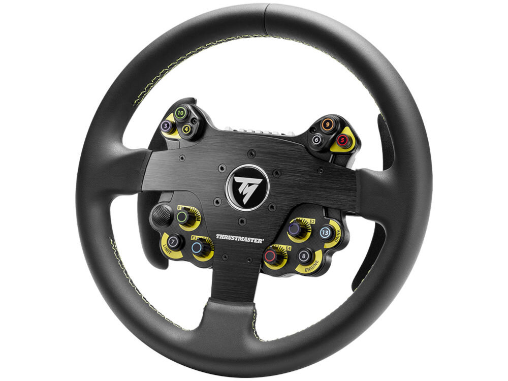 Kierownica THRUSTMASTER Evo Racing 32R 4060318 prezentacja urządzenia od frontu pod kątem na białym tle 25 przycisków 4 kodery d-pad 7 diod szczotkowane aluminium z obszyciem skóry trwałość wygoda wymienny hub PC PS5 PS4 Xbox Series Xbox One