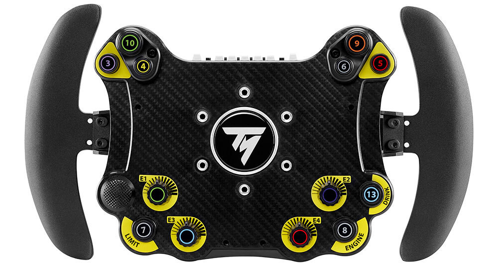 Kierownica THRUSTMASTER Evo Racing 32R 4060318 prezentacja urządzenia od frontu na białym tle rajdy symulacje wyścigowe proste ciasne zakręty łopatki zmiany biegów szybka reakcja czujniki magnetyczne zmiana przełożeń