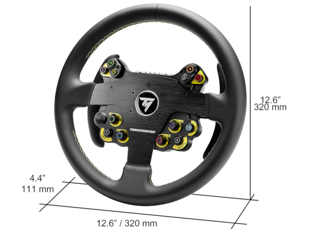 Kierownica THRUSTMASTER Evo Racing 32R 4060318 prezentacja urządzenia na białym tle oraz jego wymiarów smukłe i lekkie koło o masie 1300 gramów obszyte skórą moduły przycisków kciukowych własne preferencje odpowiedni chwyt