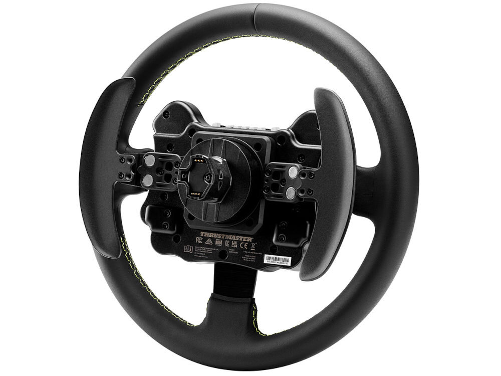 Kierownica THRUSTMASTER Evo Racing 32R 4060318 prezentacja urządzenia od tyłu pod kątem na białym tle elastyczne podejście zdejmowany centralny hub łączenie z kierownicami i łopatkami zmiany biegów dopasowanie sprzętu kontrola