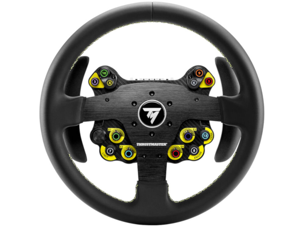 Kierownica THRUSTMASTER Evo Racing 32R 4060318 prezentacja urządzenia od przodu na białym tle 25 przycisków czynności 4 pokrętła kodujące ergonomiczny d-pad szybka reakcja 7 diod dwa tryby działania diod dopasowanie