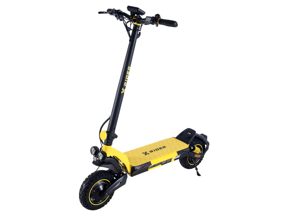 Hulajnoga elektryczna XRIDER F10 Pro Czarno-żółty dwa silniki laczna moc 2000 W kazdy po 1000 W do dynamicznej jazdy kat nachylenia podjazdow do 30 stopni moment szczytowy PEAK moc az do 2 x 1400 W sila wydajnosc