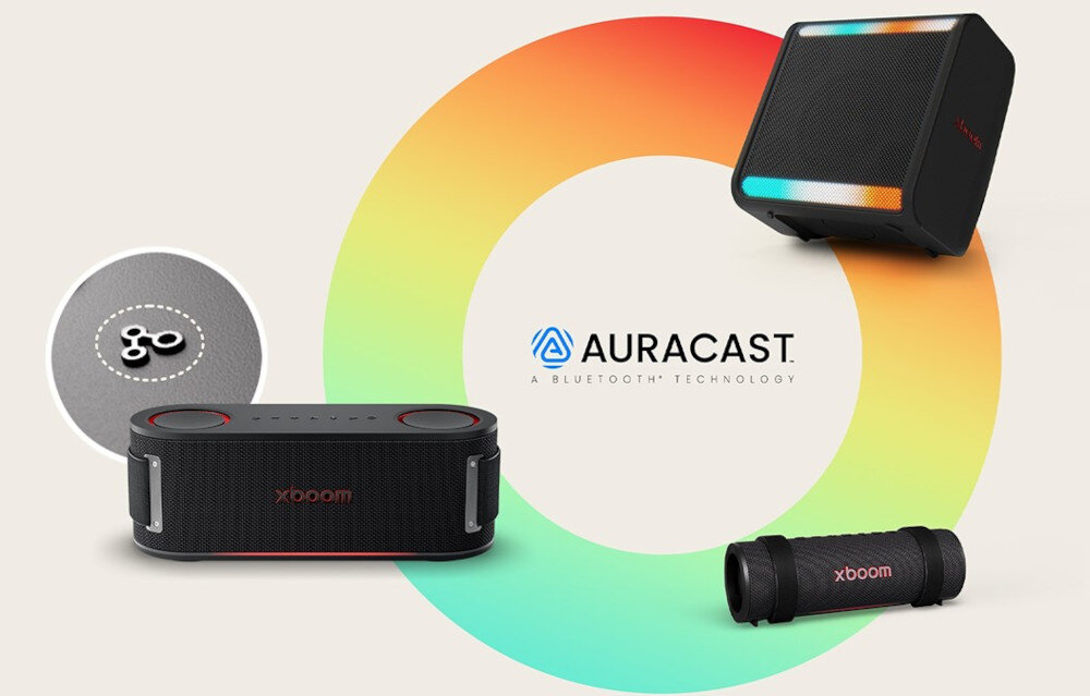 Głośnik mobilny LG Bounce Auracast połączenie wiele głośników, głośniki mobilne na białym tle z logo auracast
