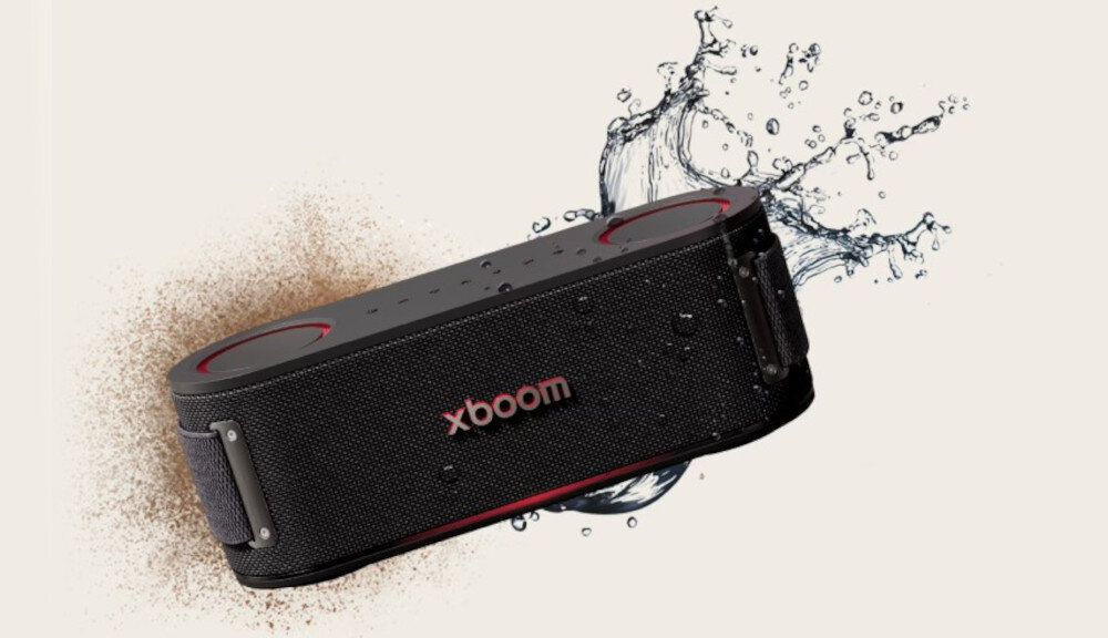 Głośnik mobilny LG Bounce IP67 woda kurz odporność, głośnik mobilny otoczony pyłem i wodą na białym tle